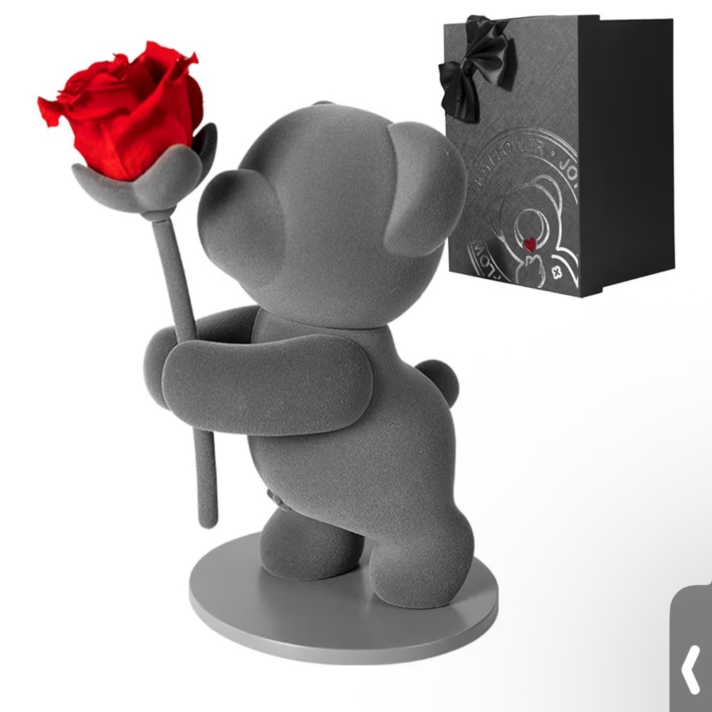 Gray Bear Figurine with real preserved Red Rose
So unique and gorgeous